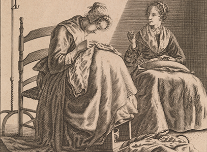 Incisione del XVII secolo donne che cuciono