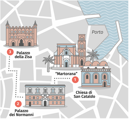 Mappa illustrata di Palermo con tre monumenti: Palazzo della Zisa, Palazzo dei Normanni, Martorana e Chiesa di San Cataldo.