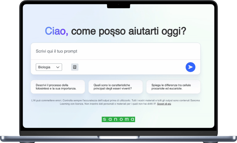 Computer aperto sulla chat dell'assistente di Intelligenza Artificiale Sanoma