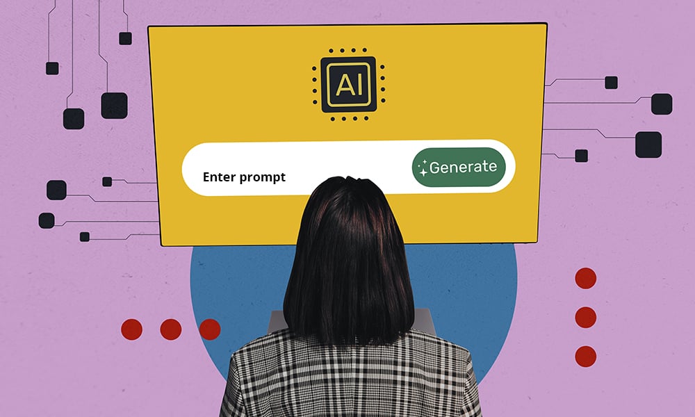 Illustrazione di una persona davanti a uno schermo con un’interfaccia di intelligenza artificiale generativa, su sfondo viola con elementi digitali.