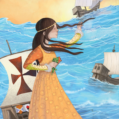 Isabella di Castiglia in primo piano. Sullo sfondo, le tre caravelle in mare