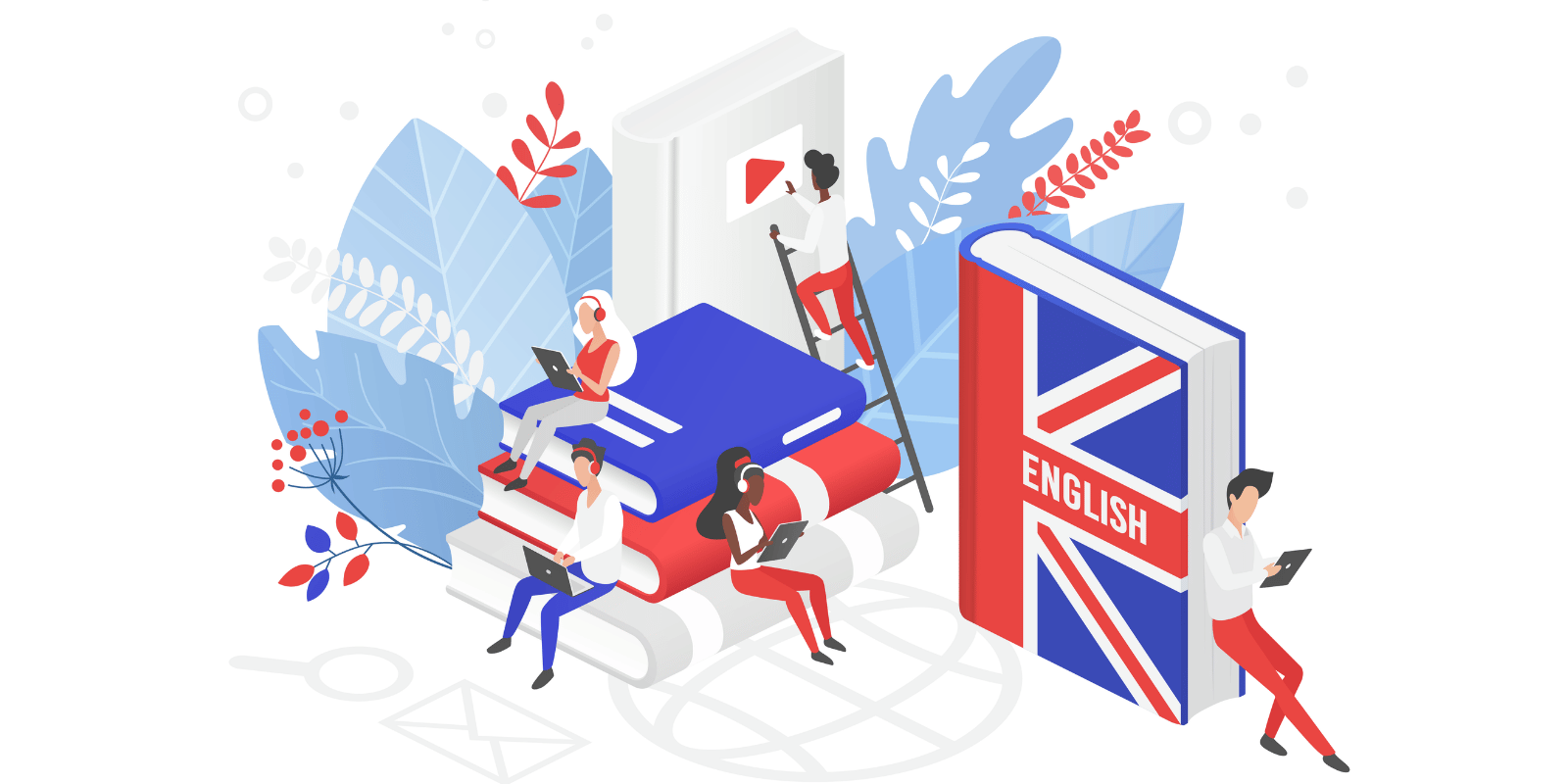Illustrazione di corsi di lingua inglese. Mix di formazione a distanza e corsi tradizionali. Studenti che leggono libri durante una lezione, con inserimento di strumenti digitali.